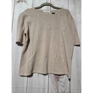 Stephanie Rogers Beige Floral Embroidered Ramie Cotton Knit Sweater Top XL